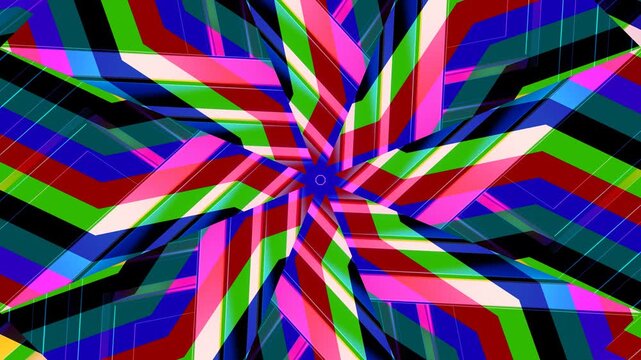 Abstract kaleidoscopic pattern with vibrant, overlapping stripes of various colors radiating from a central point.
