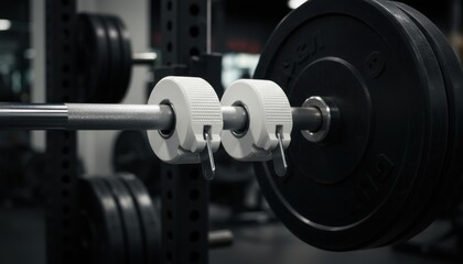 Close-up on white barbell collars securing weight plates on a gym rack