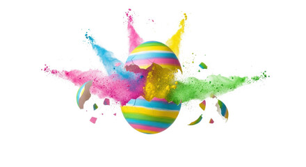 Fototapeta premium Exploding Striped Easter Egg with Colorful Powder Burst isolated PNG with Transparent Background