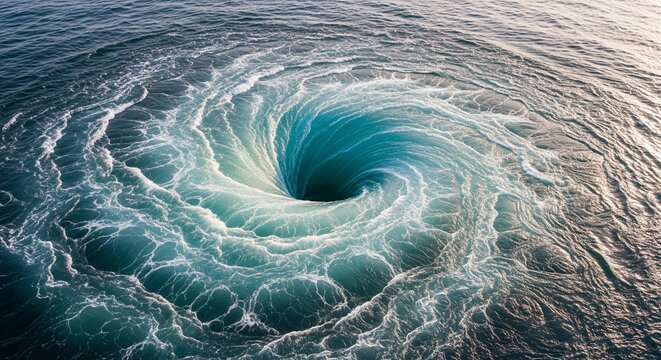A wide shot of a swirling water vortex or whirlpool in the sea with dramatic white spray and circular movement