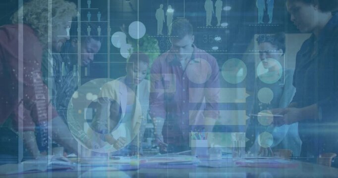 Animation of circles, bubble speech boxes, human representation over diverse coworkers sharing ideas