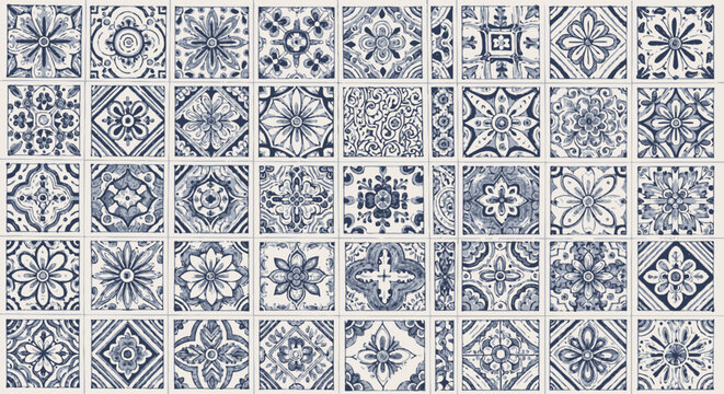 Collection of blue and white decorative tiles with various patterns and designs.