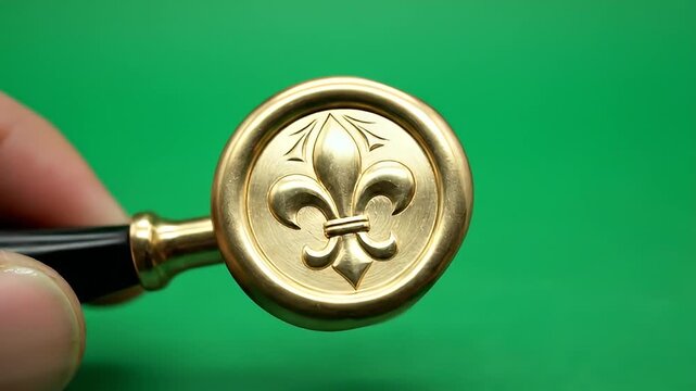 Close up of decorative golden object with fleur de lis on vibrant background