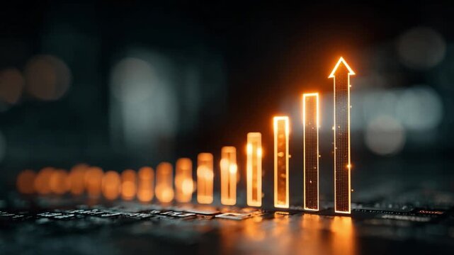 Growth Graph: Digital graph with glowing columns and an arrow pointing upwards, illustrating progress and prosperity, set against a blurred background.