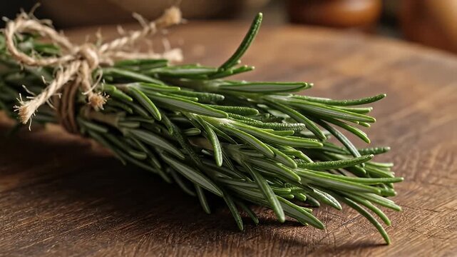 Close up of fresh rosemary herb bundle on a wooden surface