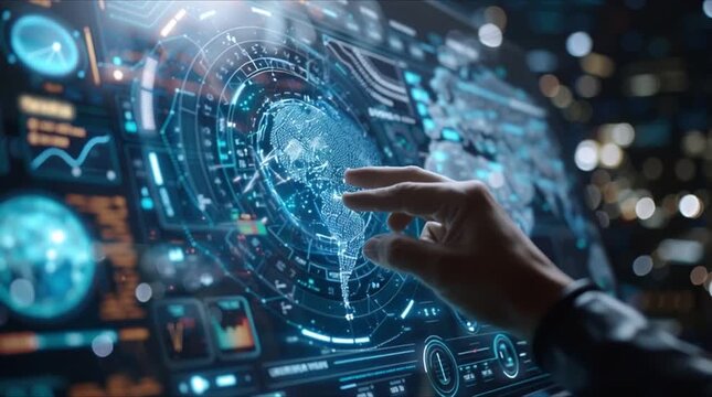 Futuristic interactive data analysis dashboard with 3D hologram globe and complex digital UI elements (AI Generated)