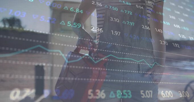 Animation of financial data processing over woman with petrol can in petrol station