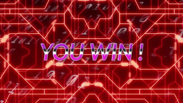 Animation of you win text over computer circuit board