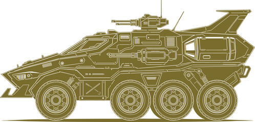 Powerful gold silhouette of an advanced futuristic armored military vehicle with heavy weapon turrets, tactical sci-fi eight wheeled combat transport on white. © Moskirul