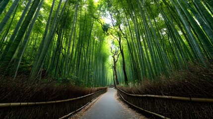 Fototapeta premium Tranquil pathway winds through a towering Arashiyama bamboo forest, where vibrant green stalks reach skyward beneath soft filtered sunlight.