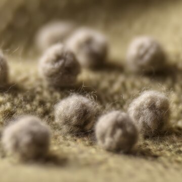 Pilling on old wool, macro detail of small fuzzballs on a worn wool sweater surface, authentic texture