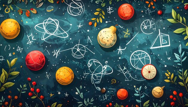 Ilustraci&oacute;n educativa del sistema solar con planetas y f&oacute;rmulas