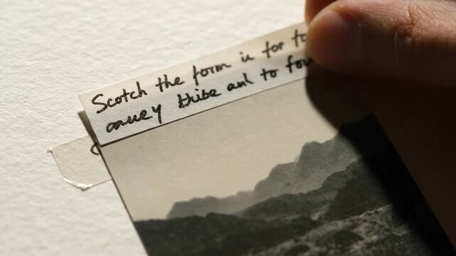 An old photo of mountains partially covers a paper with handwritten script and taped