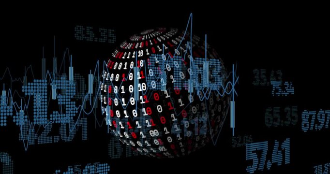 Animation of graphs, binary codes forming globe and changing numbers over black background
