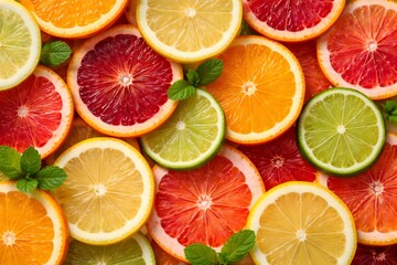 Fototapeta premium Assortment of fresh citrus fruits, including oranges, blood oranges, lemons, limes, and grapefruits, forming a vibrant, healthy, and organic background with fresh mint leaves