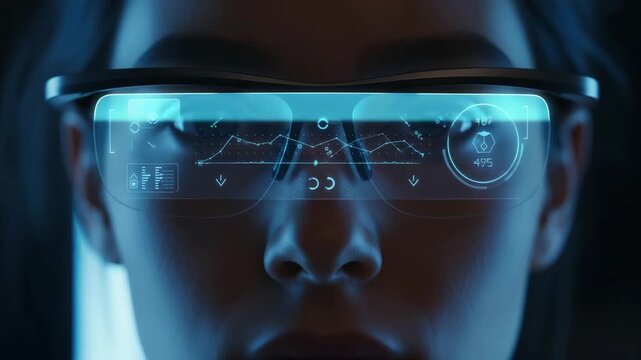 A person wearing advanced VR goggles displays complex technical schematics and data visualizations in a digital environment.