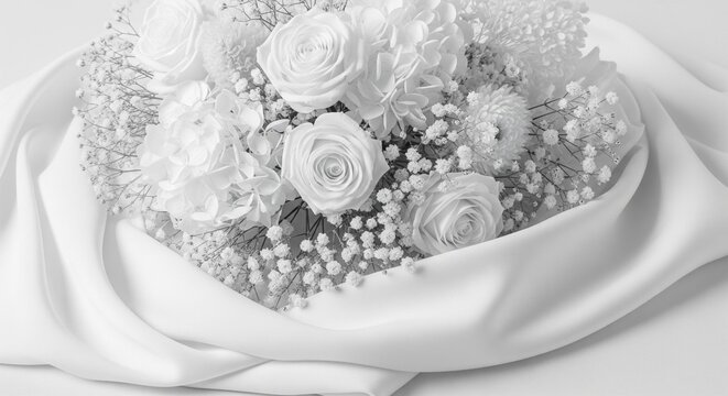 A clean, high-key image of a white flower arrangement wrapped in elegant, flowing white satin fabric