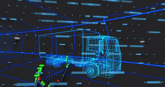 Wireframe semi-truck model floating in digital tunnel, presenting glowing data nodes and neon grid