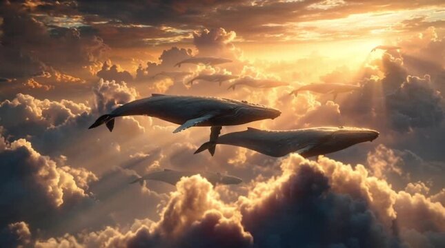 Majestic whales gracefully ascend through a breathtaking dreamscape of golden clouds, illuminated by the radiant glow of dawn, embarking on an ethereal journey across the heavens
