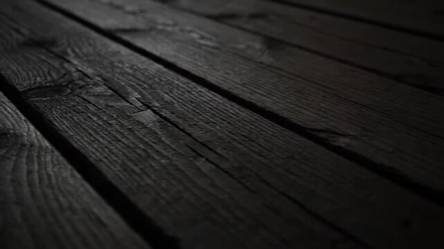 Angled close-up of dark, weathered wooden planks with knots and grain. Dim lighting