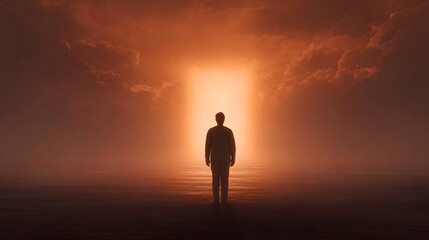 Fototapeta premium A solitary figure stands facing a radiant glowing portal in a misty orange hued atmosphere symbolizing hope and a new beginning