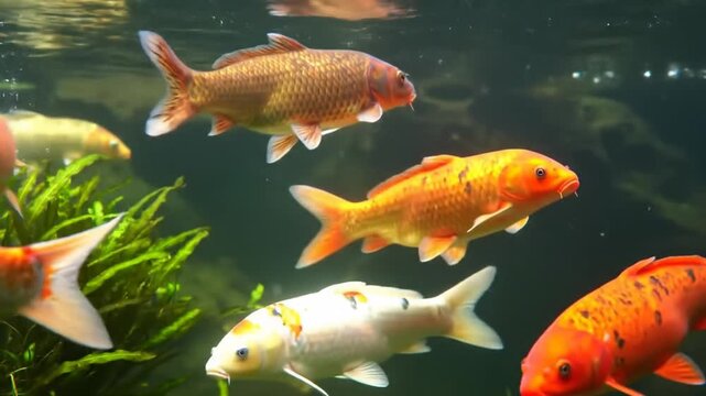Colorful koi fish swim in a clear aquarium. Various patterns and colors adorn the aquatic creatures as they glide through the water with underwater plants