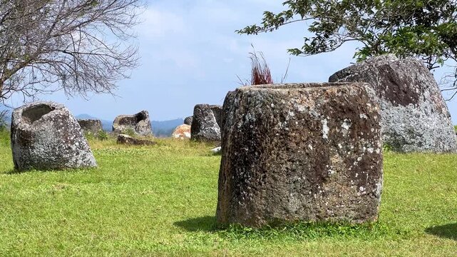 Valley of the Jars, Laos. Phongsavan. Valley of the Jars. The megalithic archaeological landscape consists of thousands of stone jars scattered across the Xiangkhouang Plateau. 4К