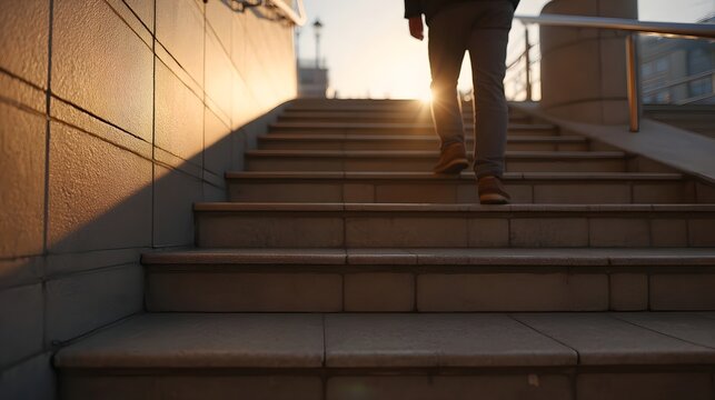 A person walks up a sunlit staircase during golden hour symbolizing progress and aspi n towards future goals
