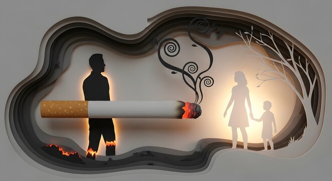 Stop smoking awareness A surreal image of a family escaping on a giant cigarette as a smoker crumbles. Evocative concept for World No Tobacco Day, highlight