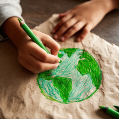 Child draws colorful earth with green pencil on brown paper celebrating earth day with creativity and care for planet future