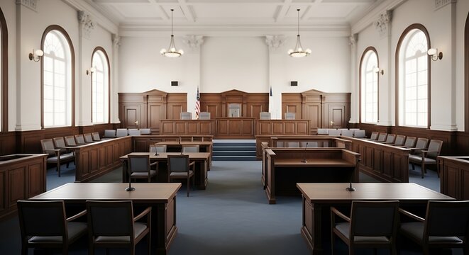 Formal judicial chamber furnished with dark wood paneling and seating areas
