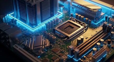 Fototapeta premium Hightech computer motherboard illuminated with blue lighting