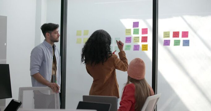 Diverse group of startup team engaging in brainstorming session, using sticky notes on glass wall to organize ideas, plan next steps. Creativity and collaborative spirit of modern entrepreneurial team
