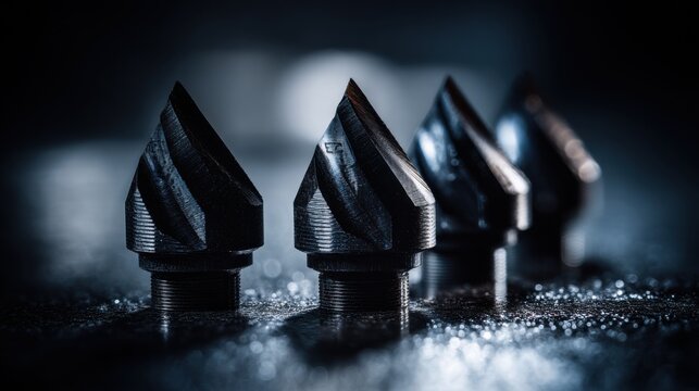 Row of sharp metal drill bits with spiral flutes, industrial manufacturing components