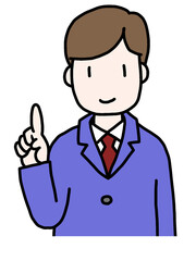 スーツを着た若い男性が指を指して説明しているイラスト