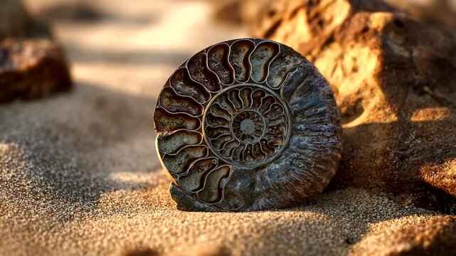 Fossilized ammonite shell on sandy beach landscape