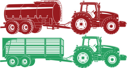 Set of red and green tractor illustrations with agricultural trailers, featuring a large tanker for liquid transport and a farm grain trailer. © MdAbdur