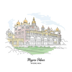 Obraz premium Mysore Palace India Architectural Illustration with Golden Domes.