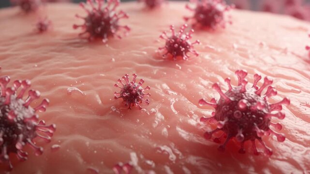 Measles outbreaks concept,Coronavirus particle close up skin surface with red spike virus texture