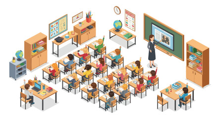 isometric classroom with students and teacher © Kamar