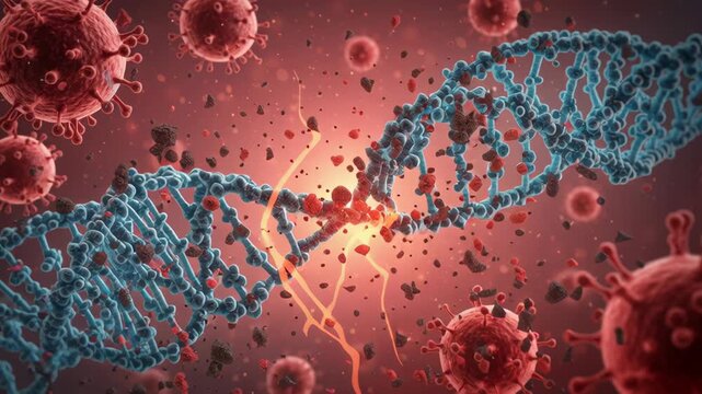 Measles outbreaks concept,DNA strand breaking virus particle attack red background showing