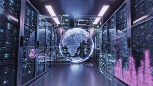Dimly lit futuristic data center hallway with illuminated server racks and holographic interface