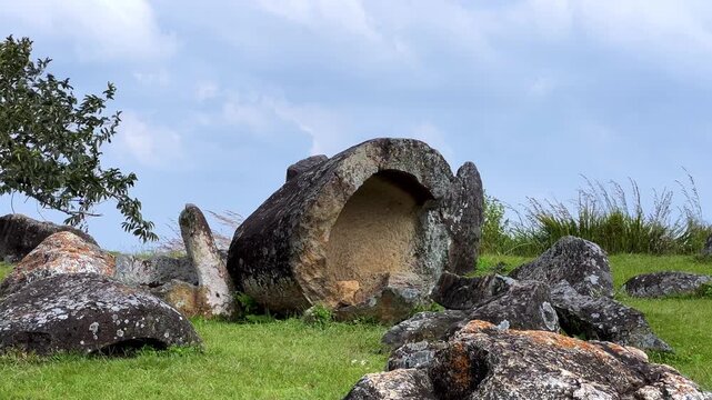 Valley of the Jars, Laos. Phongsavan. Valley of the Jars. The megalithic archaeological landscape consists of thousands of stone jars scattered across the Xiangkhouang Plateau. 4К