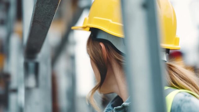 Focused and Ready: A construction worker, clad in a safety yellow hard hat and vest, meticulously surveys the intricate scaffolding, demonstrating commitment to safety and precision.