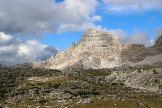 Dolomite mountains photographed from the Locatelli&ndash;Auronzo path with clouds moving across the peaks
