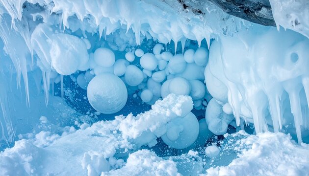 Mesmerizing close-up of frozen gas bubbles encapsulated within pristine blue ice, showcasing delicate crystalline structures in a sub-zero cave environment
