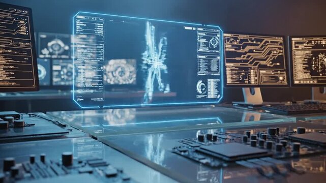 Dimly lit modern command desk with multiple monitors and polished glass surface