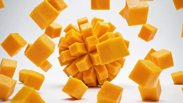 Mango Ball Cubes Floating in Air in Bright Minimal Studio