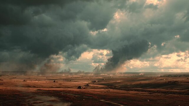 Wide battlefield horizon beneath heavy storm clouds, artillery smoke columns rising in the distance across scorched land, conveying the dramatic scale and devastation of modern warfare.
