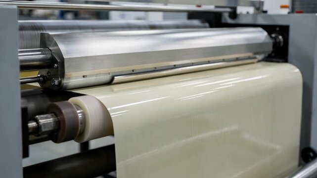 Medium shot of a rolltoroll machine applying a clear wax barrier evenly on paper web highlighting precision coating for industrial packaging applications.